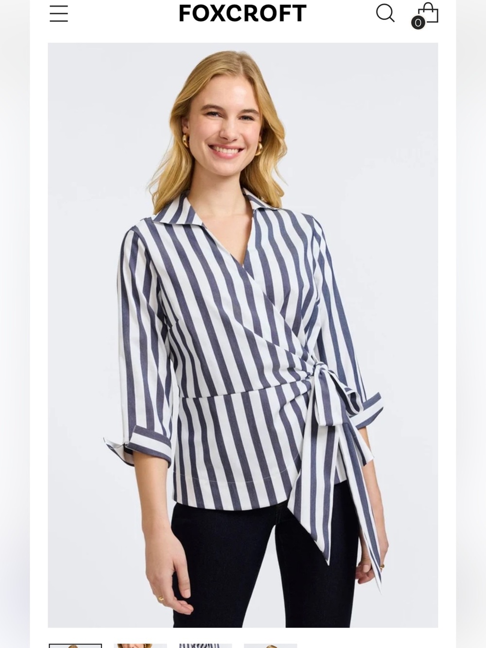 Foxcroft Salina Navy and White Vertical-Stripe Wrap Top